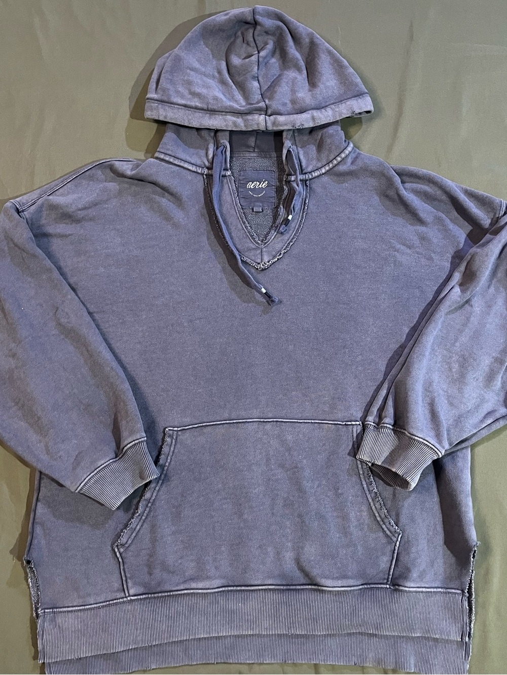 Aerie Barefoot Hoodie, Vintage Washed Blue, V-neck, Front Pouch, Side Slits, Sz
